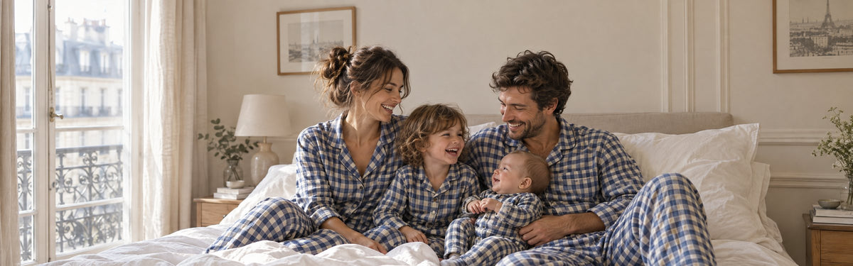 Famille en pyjamas à carreaux assortis sur un lit, un matin