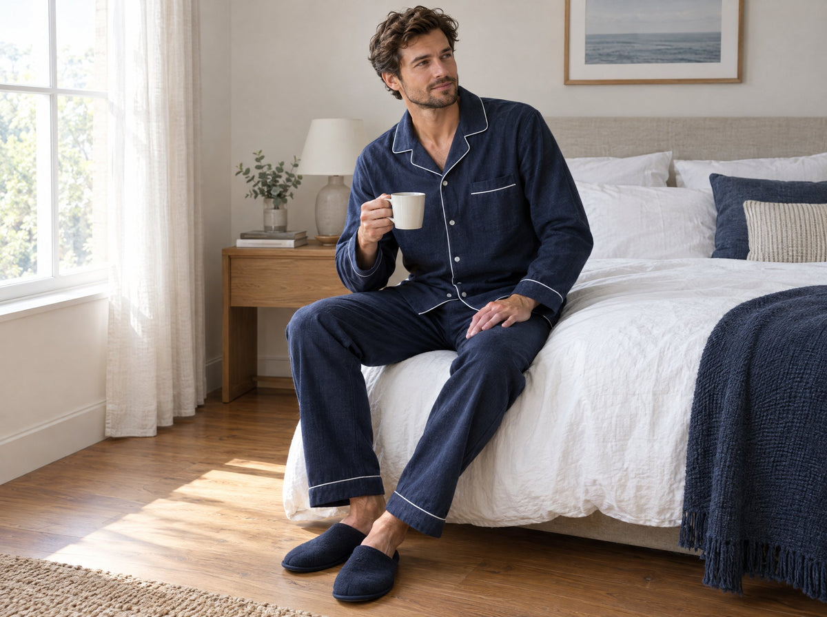 Homme en pyjama deux pièces boutonné en flanelle bleu marine assis au bord du lit Image