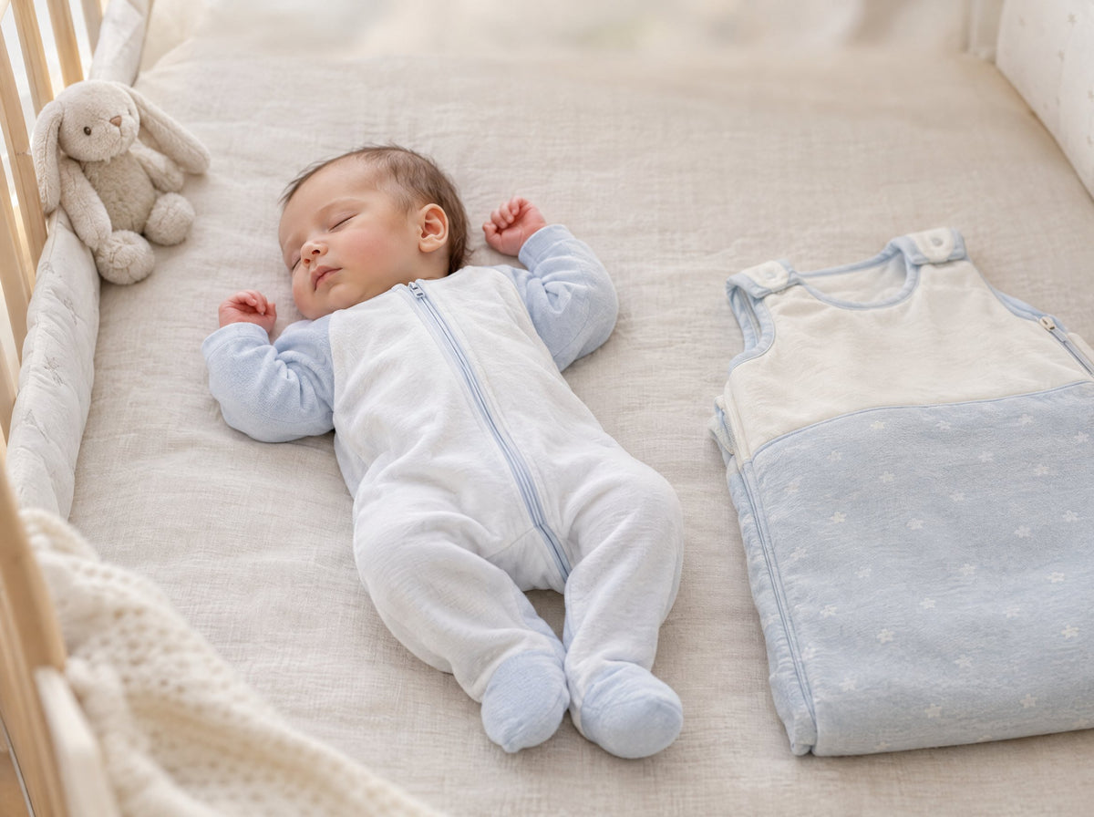 Bébé endormi en pyjama zippé avec pieds, à côté d'une gigoteuse
