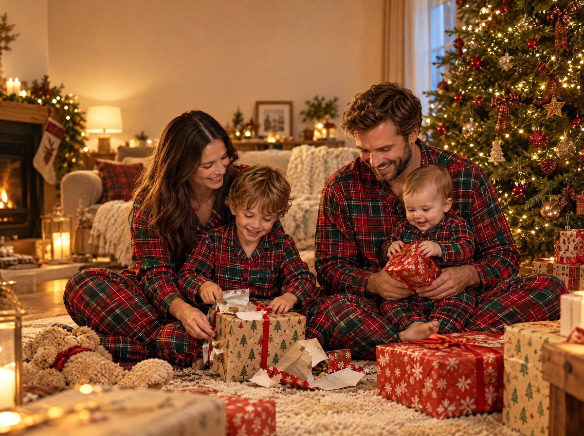 Famille en pyjamas de Noël écossais assortis au pied du sapin